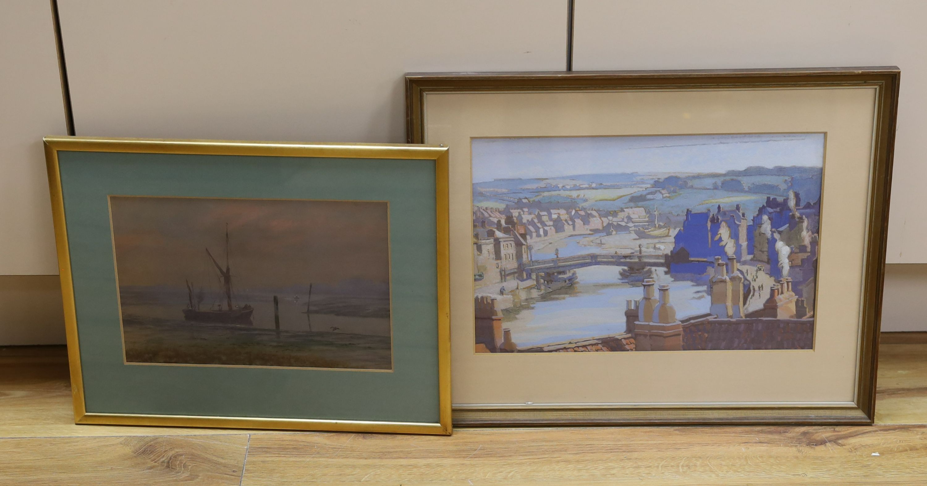 Martin Snape (1852-1930), watercolour, Sail barge on an estuary, signed, 19 x 28cm and a gouache of an estuary town, by another hand, 23 x 35cm